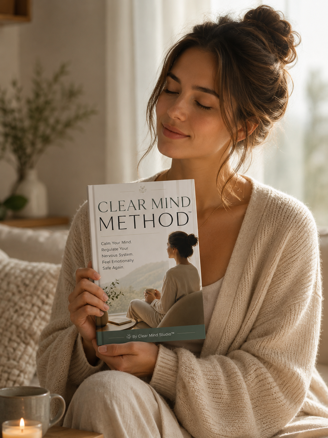 Woman holding the Clear Mind Method™ book in a softly lit, calm room